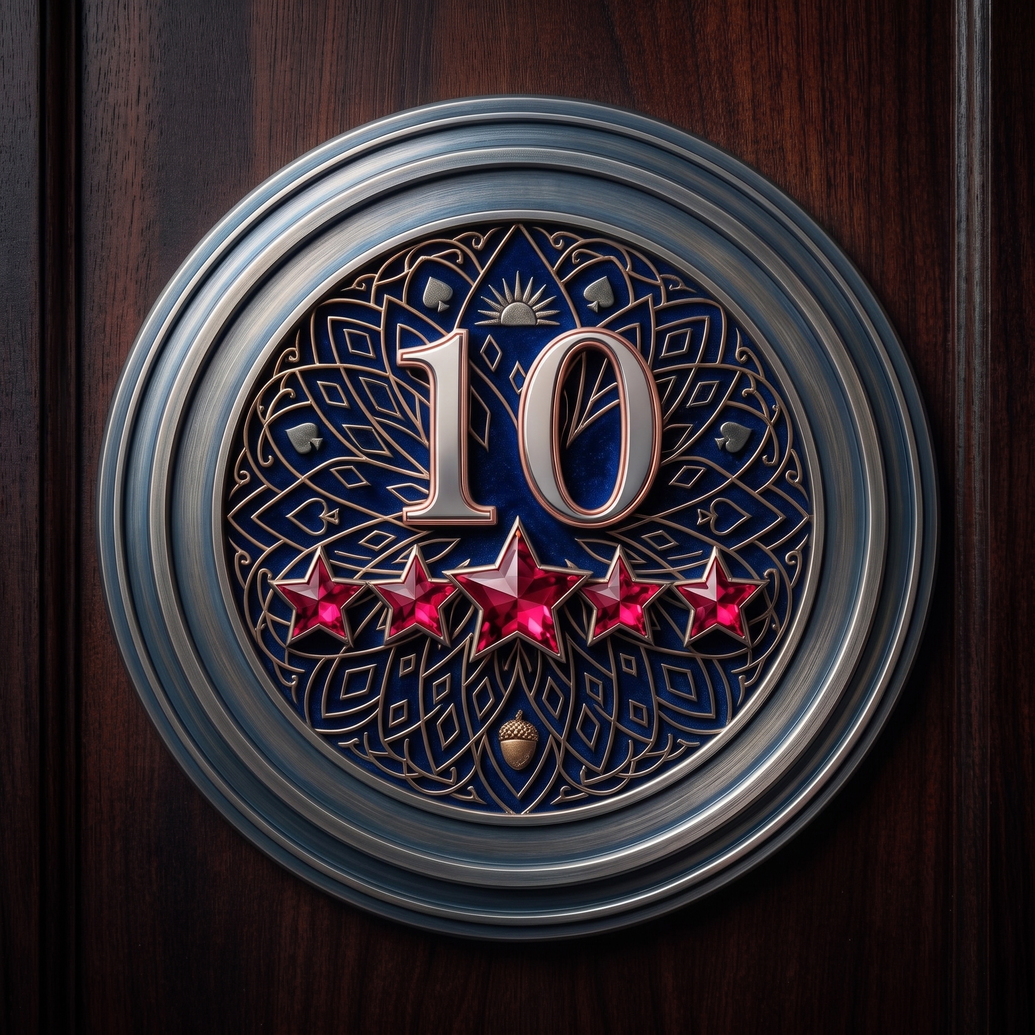 A circular metal plaque numbered 10 on dark wood